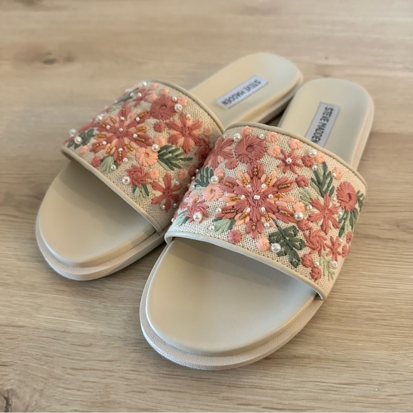 Steve Madden Shoes - Steve Madden Women’s Cream Slide Sandals with Pink Floral Embroidery
